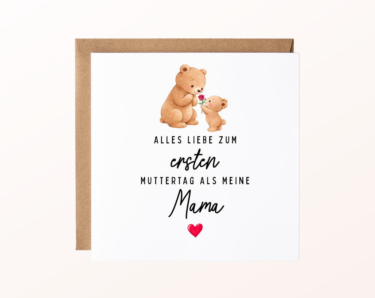 Personalisierte Muttertagskarte – Bären zum ersten Muttertag – Kartenmotiv mit Umschlag