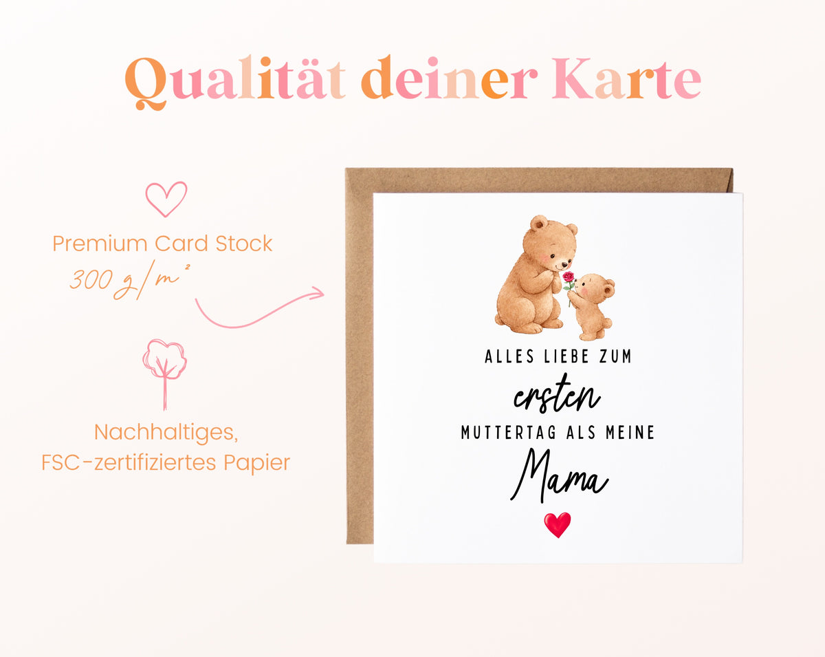Personalisierte Muttertagskarte – Bären zum ersten Muttertag – Papierqualität
