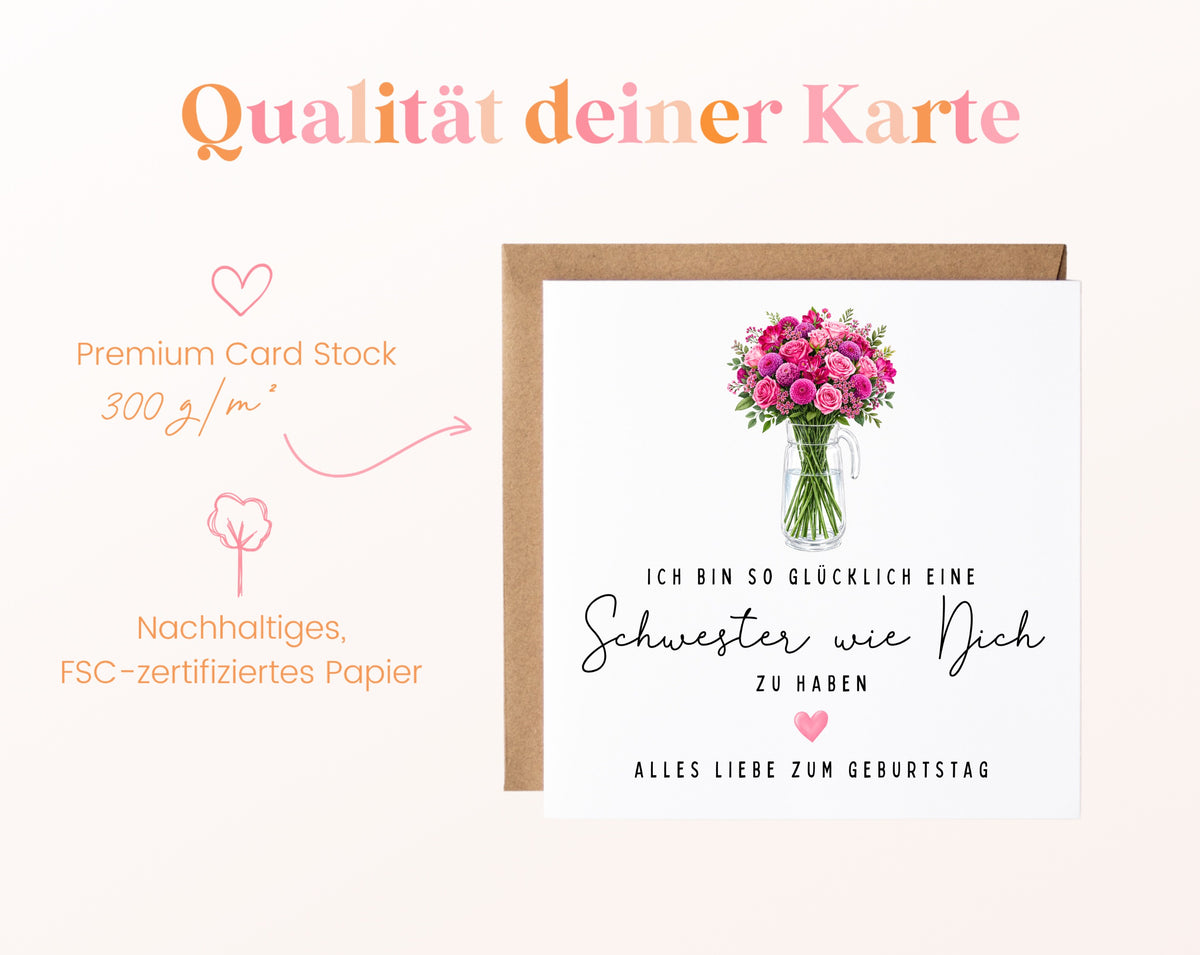 Geburtstagskarte mit Blumen – Schwester wie Dich – Papierqualität