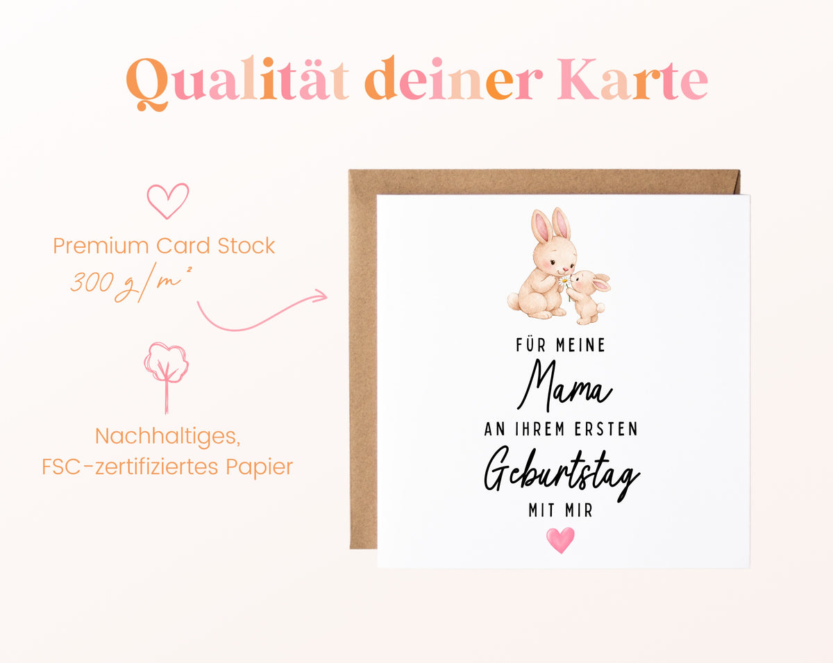 Personalisierte Geburtstagskarte – Mama mit Hasen – Papierqualität