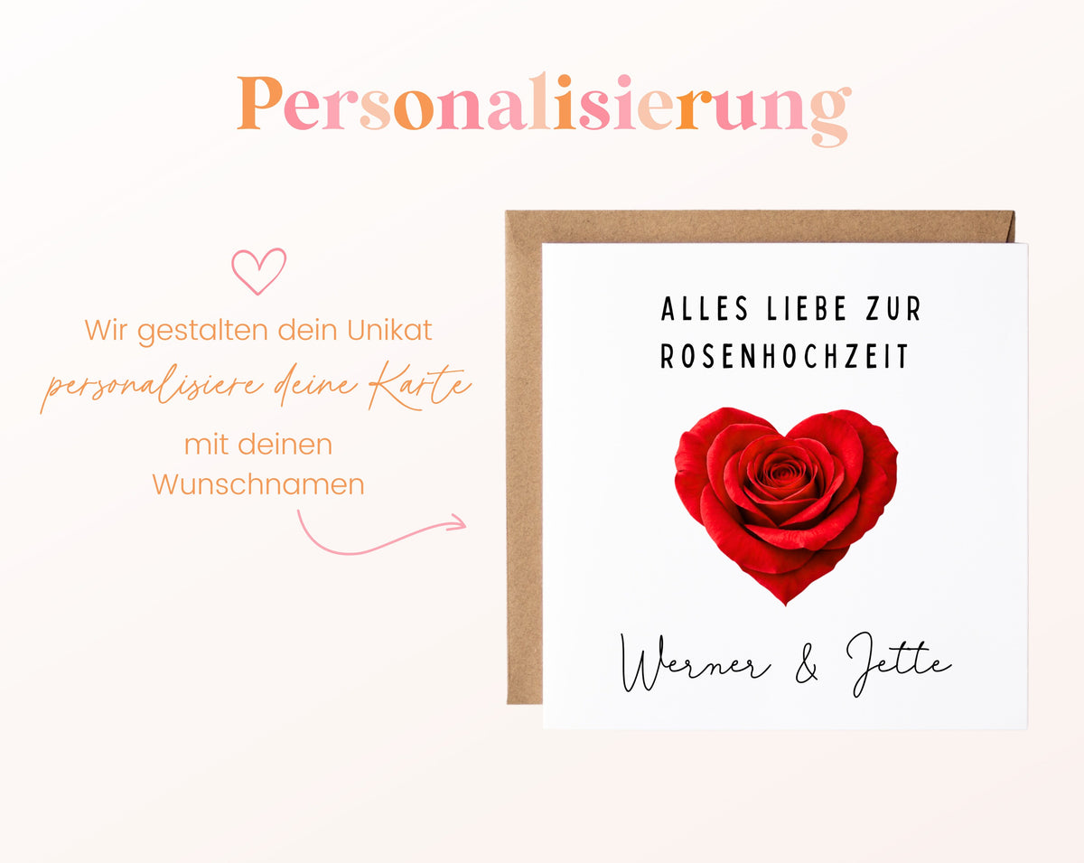 Rosenherz-Karte zur Rosenhochzeit – Personalisierung mit Beispielnamen