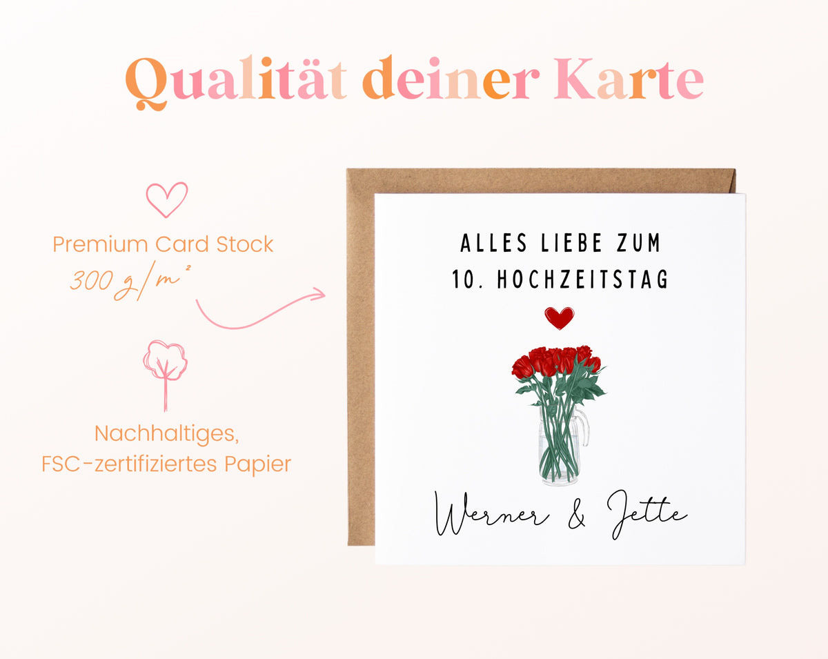 Rosenstrauß-Karte zum 10. Hochzeitstag – Qualitätsangaben