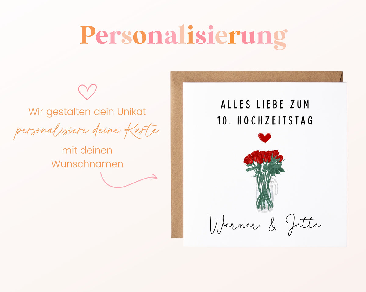 Rosenstrauß-Karte zum 10. Hochzeitstag – Personalisierung mit Beispielnamen