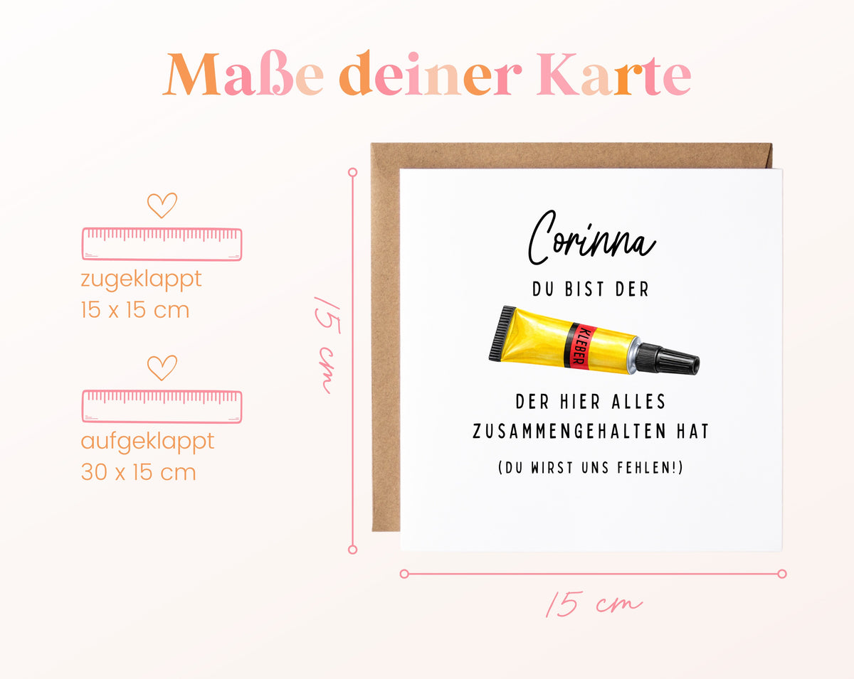 Personalisierte Abschiedskarte – Du bist der Kleber – Maße der Klappkarte