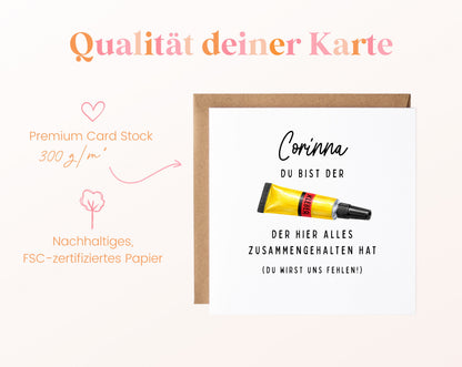 Personalisierte Abschiedskarte – Du bist der Kleber – Papierqualität