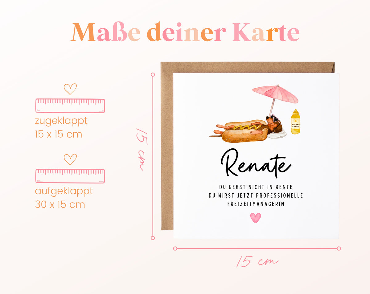 Personalisierte Ruhestandskarte – Freizeitmanagerin mit Dackel – Maße der Klappkarte