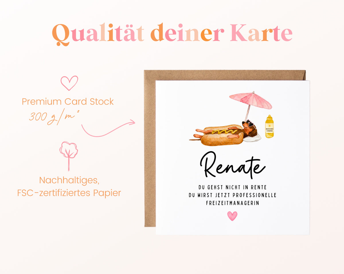 Personalisierte Ruhestandskarte – Freizeitmanagerin mit Dackel – Papierqualität