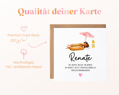 Personalisierte Ruhestandskarte – Freizeitmanagerin mit Dackel – Papierqualität