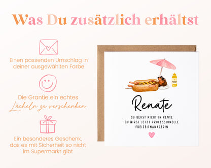 Personalisierte Ruhestandskarte – Freizeitmanagerin mit Dackel – Weitere Informationen