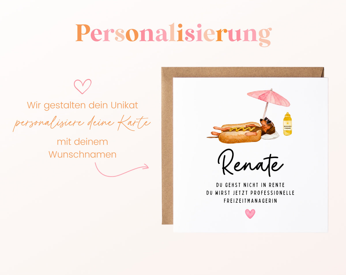 Personalisierte Ruhestandskarte – Freizeitmanagerin mit Dackel – Personalisierung mit Wunschname