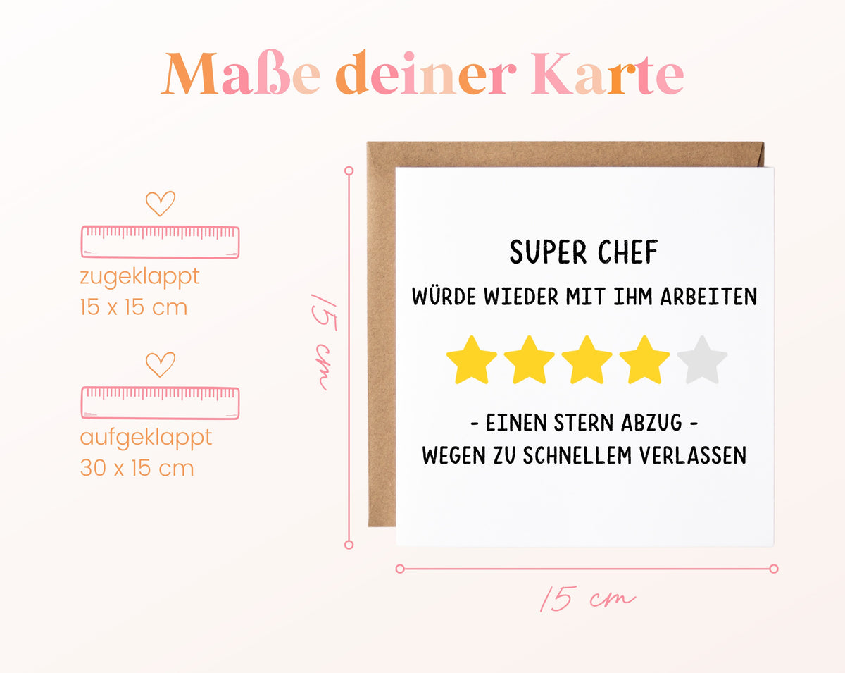 Abschiedskarte Super Chef – Sternebewertung – Maße der Klappkarte