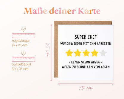 Abschiedskarte Super Chef – Sternebewertung – Maße der Klappkarte