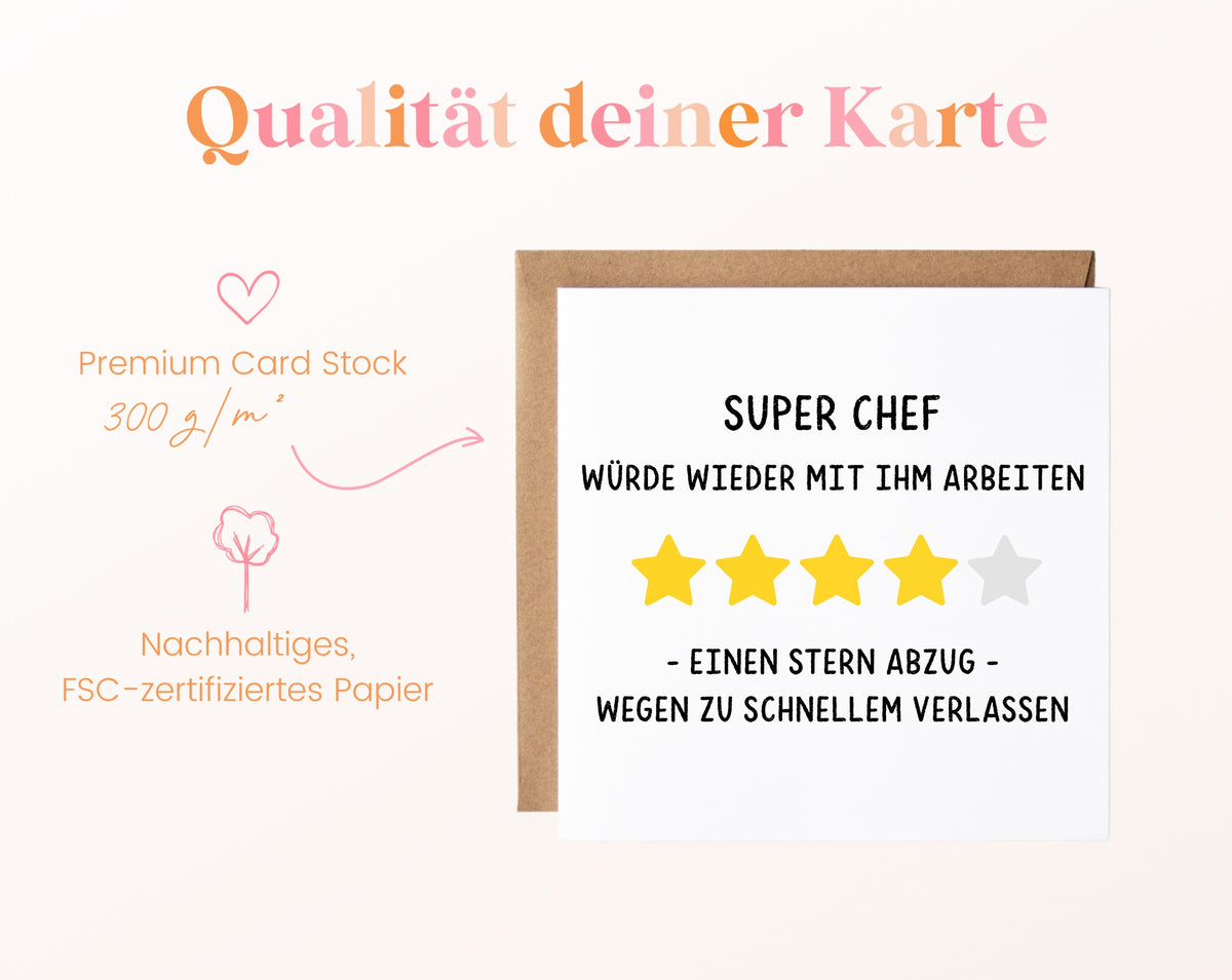 Abschiedskarte Super Chef – Sternebewertung – Papierqualität