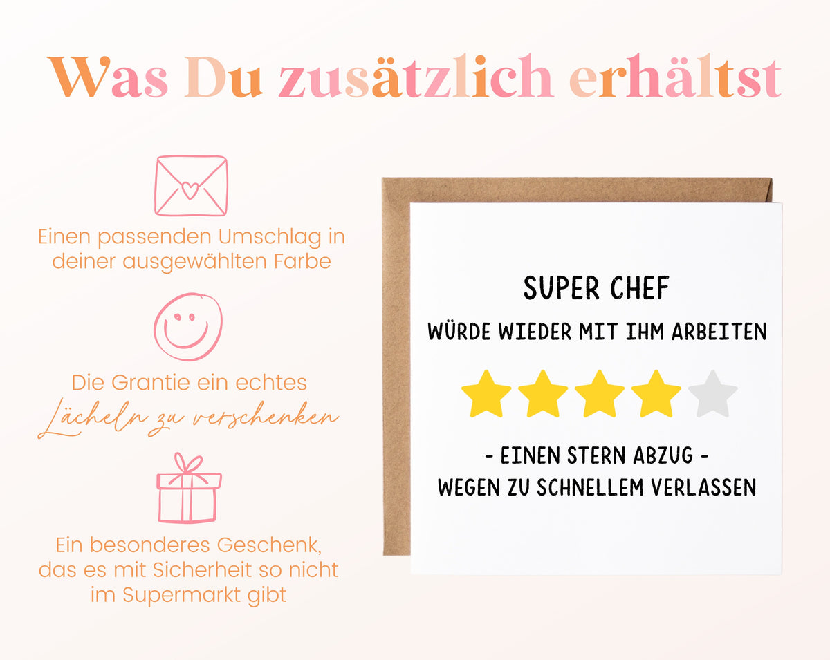 Abschiedskarte Super Chef – Sternebewertung – Weitere Informationen