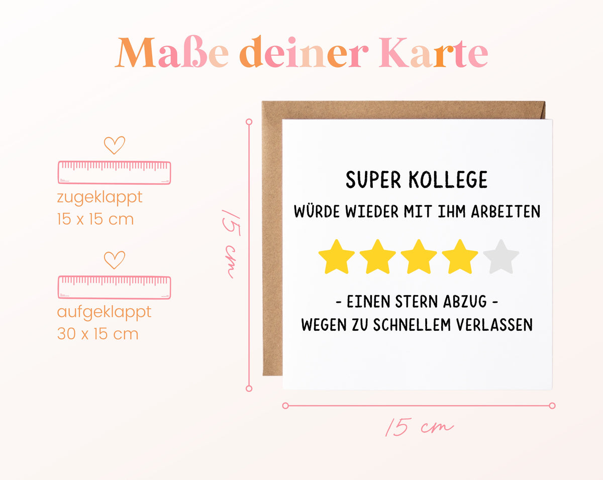 Abschiedskarte Super Kollege – Sternebewertung – Maße der Klappkarte
