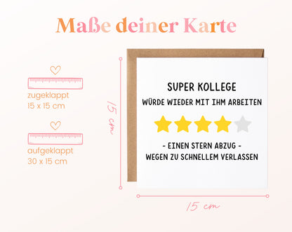 Abschiedskarte Super Kollege – Sternebewertung – Maße der Klappkarte