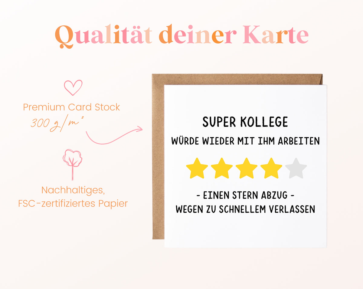 Abschiedskarte Super Kollege – Sternebewertung – Papierqualität