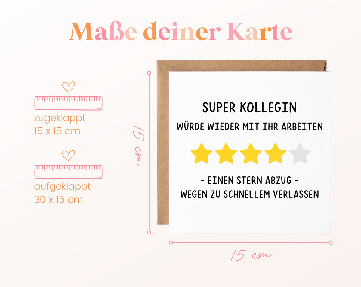 Abschiedskarte Super Kollegin – Sternebewertung – Maße der Klappkarte