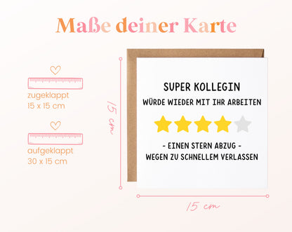 Abschiedskarte Super Kollegin – Sternebewertung – Maße der Klappkarte