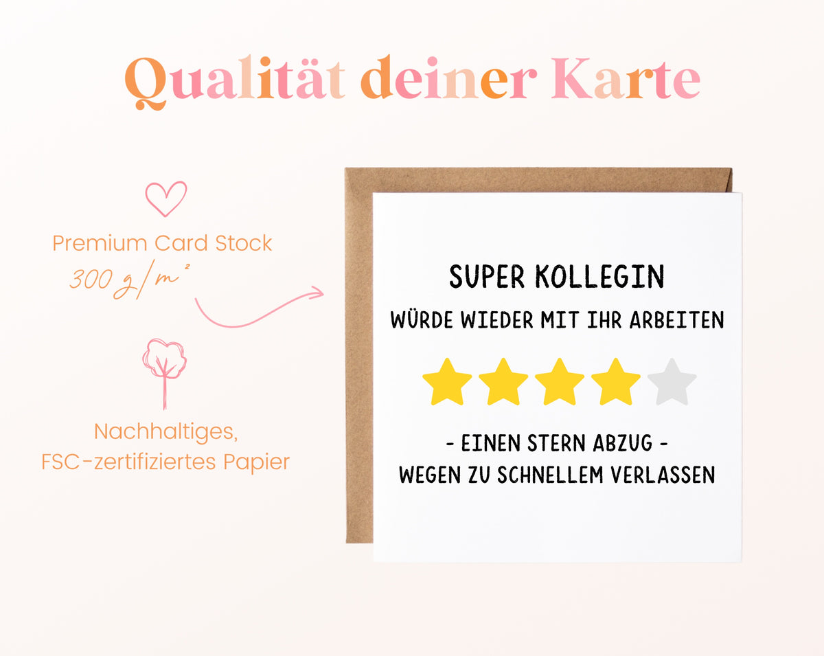 Abschiedskarte Super Kollegin – Sternebewertung – Papierqualität