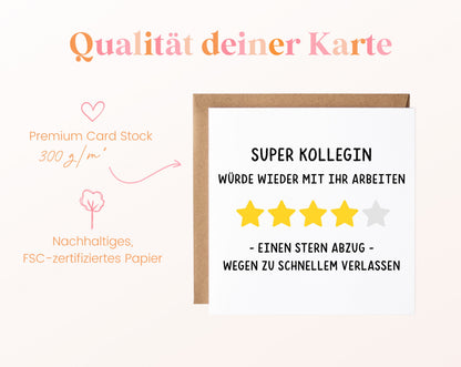 Abschiedskarte Super Kollegin – Sternebewertung – Papierqualität