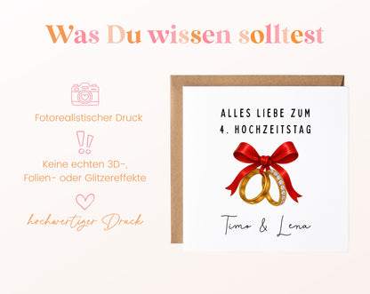 Schleife-Karte zum 4. Hochzeitstag – Druckhinweise