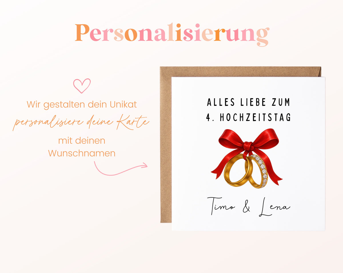 Schleife-Karte zum 4. Hochzeitstag – Personalisierung mit Beispielnamen