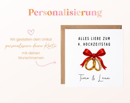 Schleife-Karte zum 4. Hochzeitstag – Personalisierung mit Beispielnamen