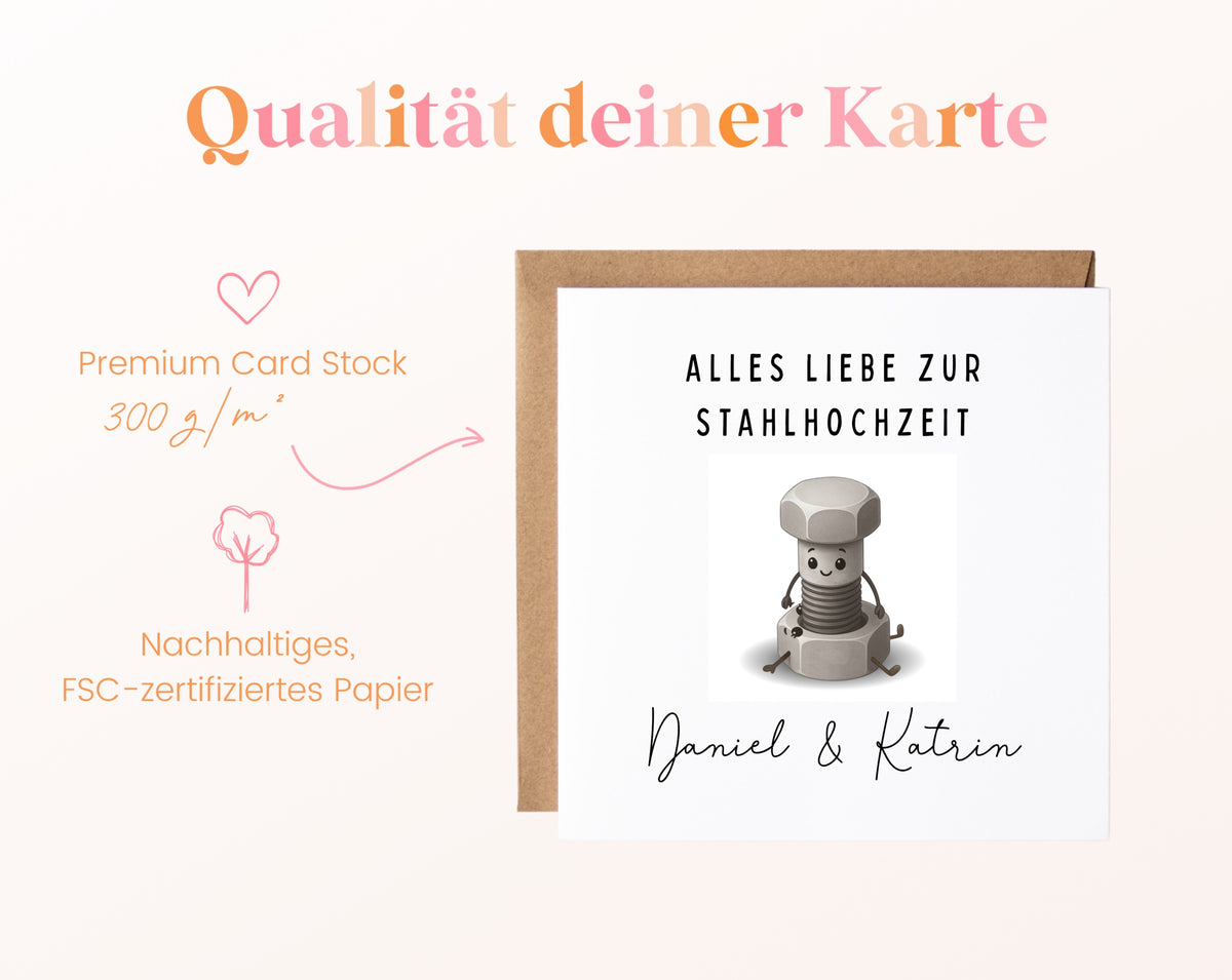 Schraube-Karte zur Stahlhochzeit – Qualitätsangaben