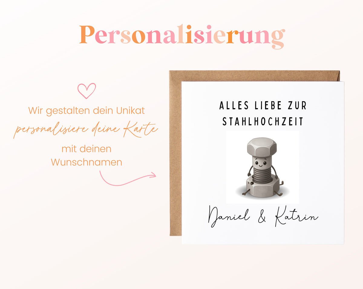 Schraube-Karte zur Stahlhochzeit – Personalisierung mit Beispielnamen