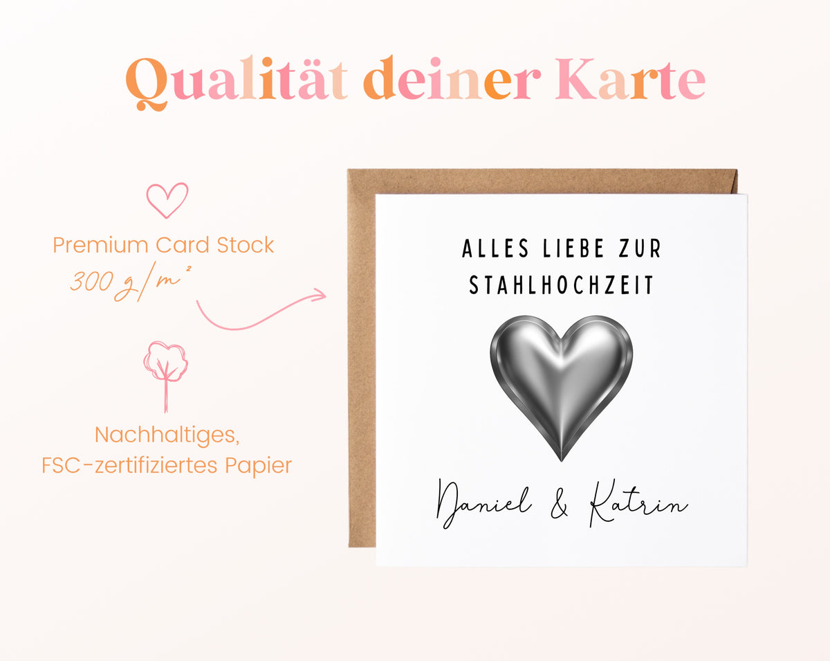Stahlherz-Karte zur Stahlhochzeit – Qualitätsangaben