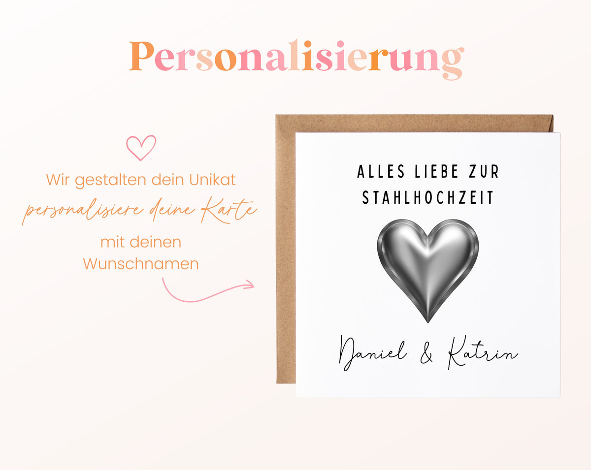Stahlherz-Karte zur Stahlhochzeit – Personalisierung mit Beispielnamen
