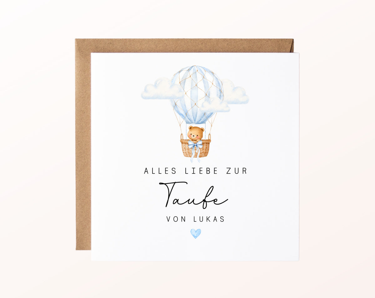 Personalisierbare Taufkarte – Bär im blauen Heißluftballon – Kartenmotiv