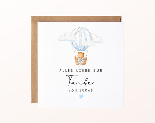 Personalisierbare Taufkarte – Bär im blauen Heißluftballon – Kartenmotiv
