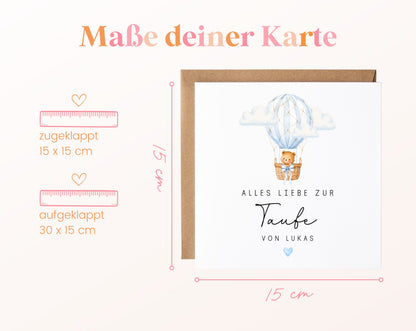 Personalisierbare Taufkarte – Bär im blauen Heißluftballon – Größe