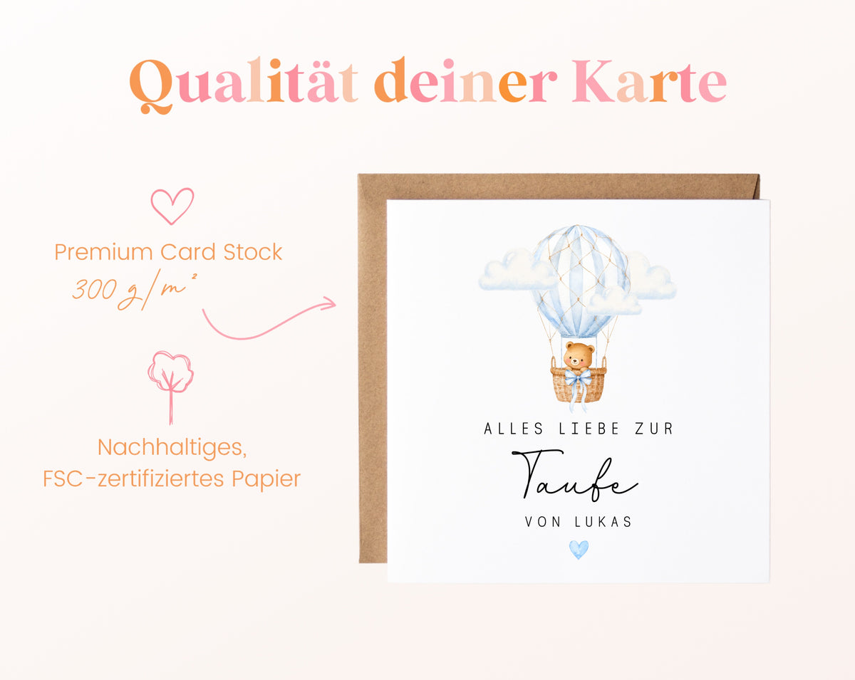 Personalisierbare Taufkarte – Bär im blauen Heißluftballon – Papierqualität