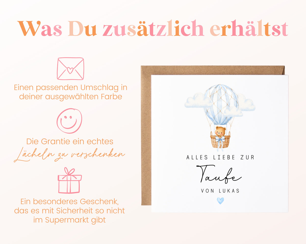 Personalisierbare Taufkarte – Bär im blauen Heißluftballon – Kartenansicht