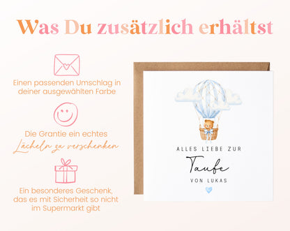 Personalisierbare Taufkarte – Bär im blauen Heißluftballon – Kartenansicht