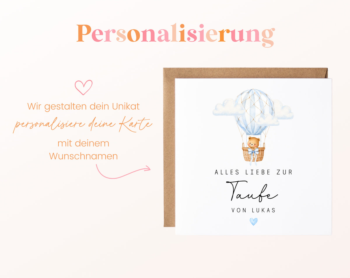 Personalisierbare Taufkarte – Bär im blauen Heißluftballon – Personalisierungsbeispiel