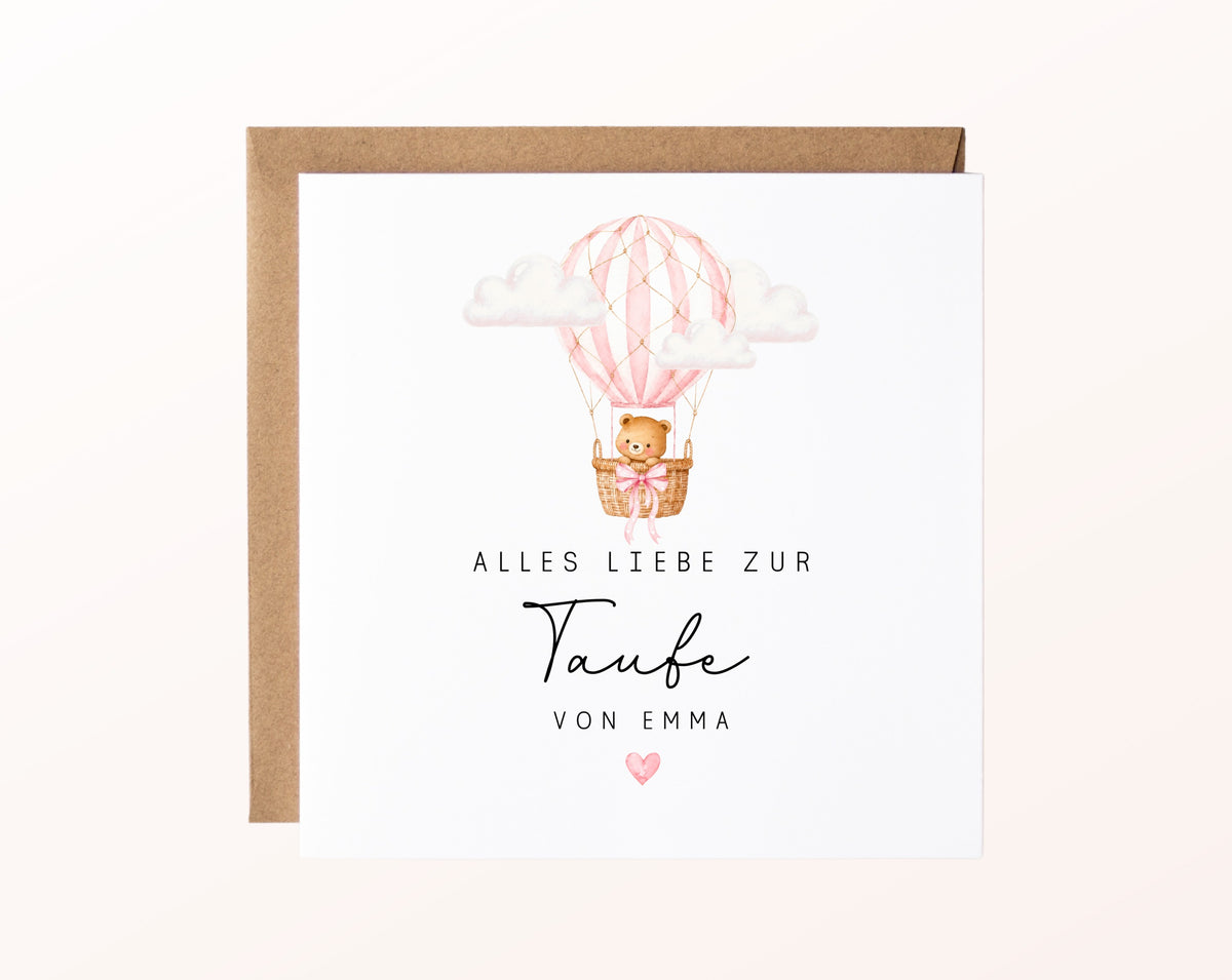Personalisierbare Taufkarte – Bär im rosa Heißluftballon – Kartenmotiv