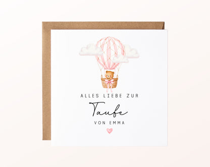 Personalisierbare Taufkarte – Bär im rosa Heißluftballon – Kartenmotiv