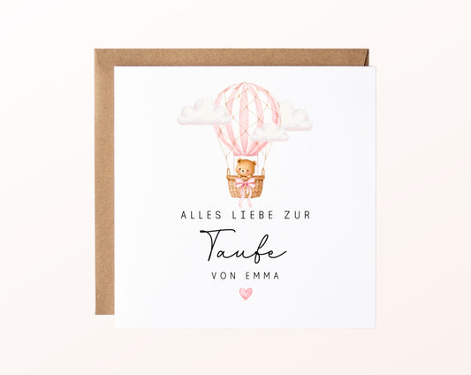 Personalisierbare Taufkarte – Bär im rosa Heißluftballon – Kartenmotiv