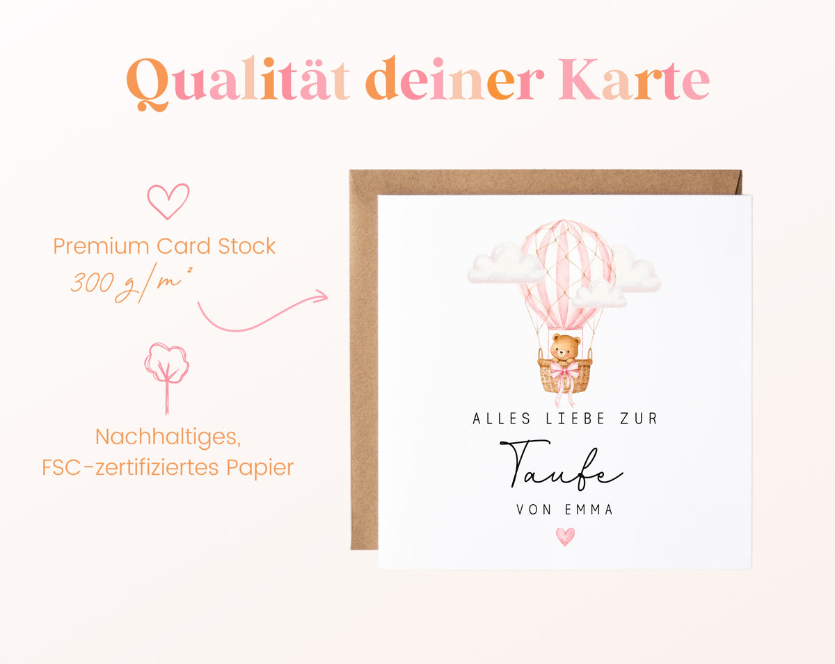 Personalisierbare Taufkarte – Bär im rosa Heißluftballon – Papierqualität