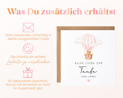 Personalisierbare Taufkarte – Bär im rosa Heißluftballon – Kartenansicht