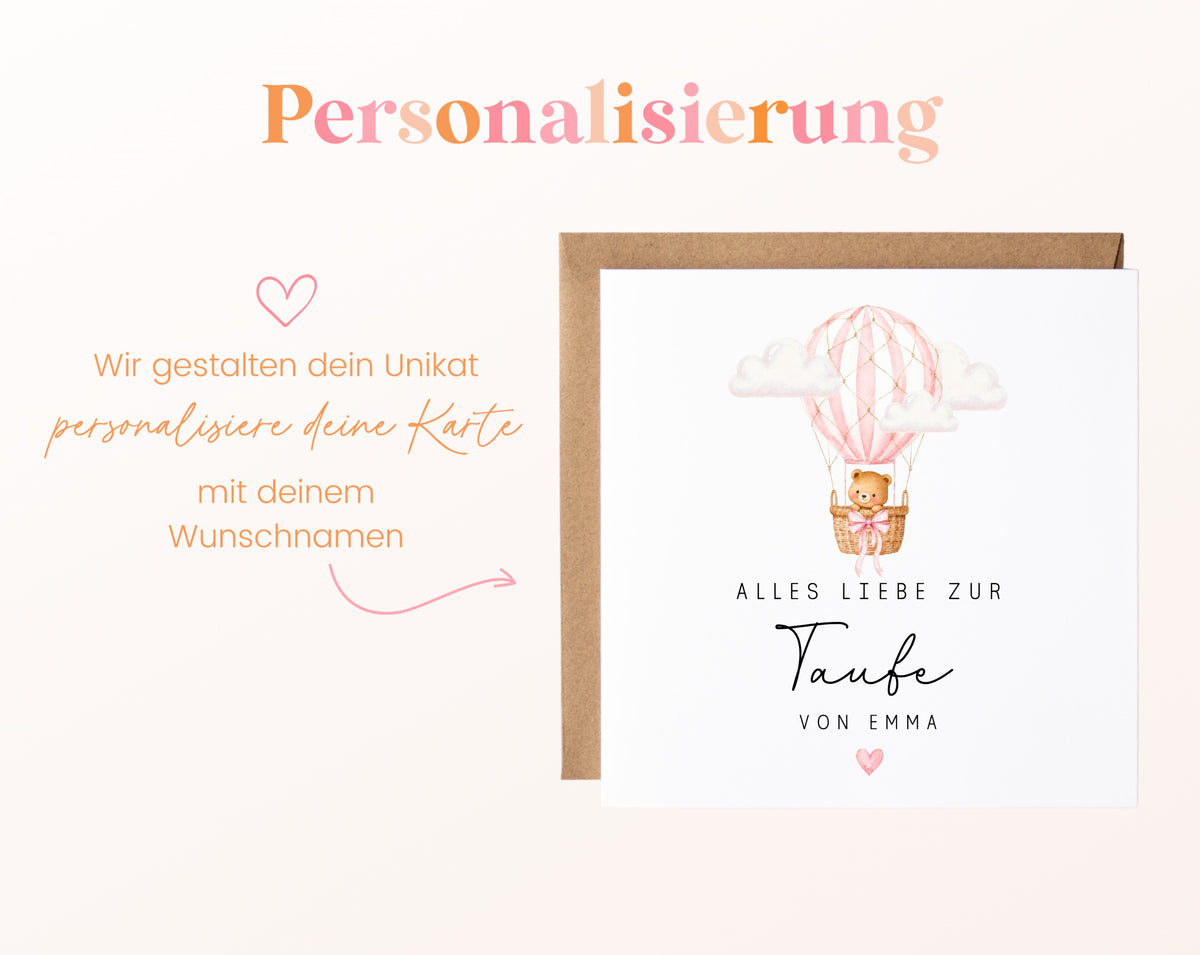 Personalisierbare Taufkarte – Bär im rosa Heißluftballon – Personalisierungsbeispiel