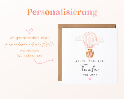 Personalisierbare Taufkarte – Bär im rosa Heißluftballon – Personalisierungsbeispiel