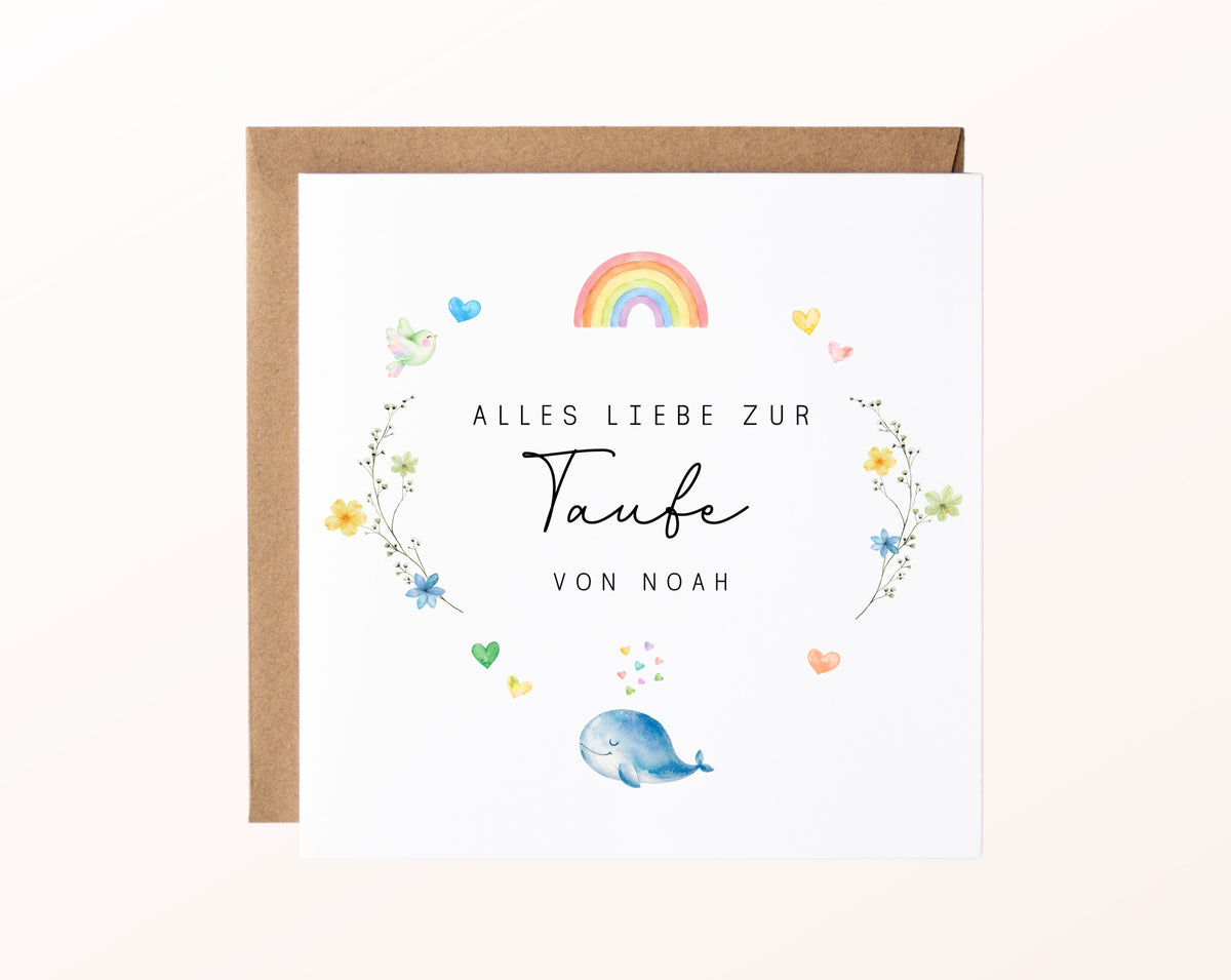 Personalisierbare Taufkarte – Regenbogen und Wal – Kartenmotiv