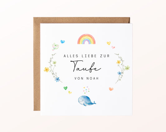Personalisierbare Taufkarte – Regenbogen und Wal – Kartenmotiv