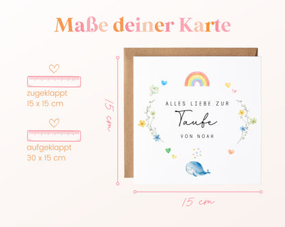 Personalisierbare Taufkarte – Regenbogen und Wal – Größe