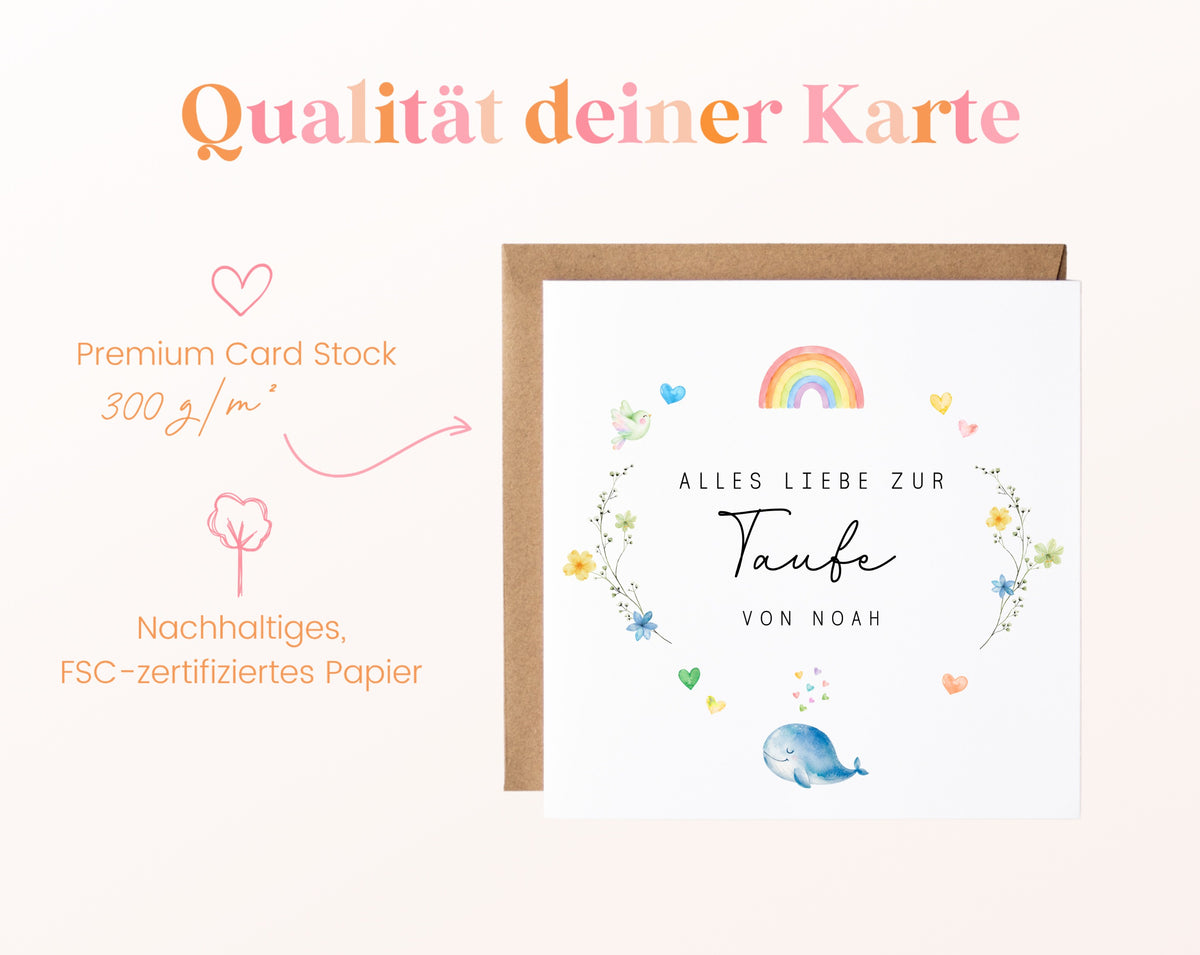 Personalisierbare Taufkarte – Regenbogen und Wal – Papierqualität